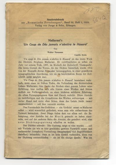Nauman Walter, Mallarmé’s Un coup de Dés jamais n’abolira le Hasard (Erlangen: Verlag Junge & Sohn, 1938).